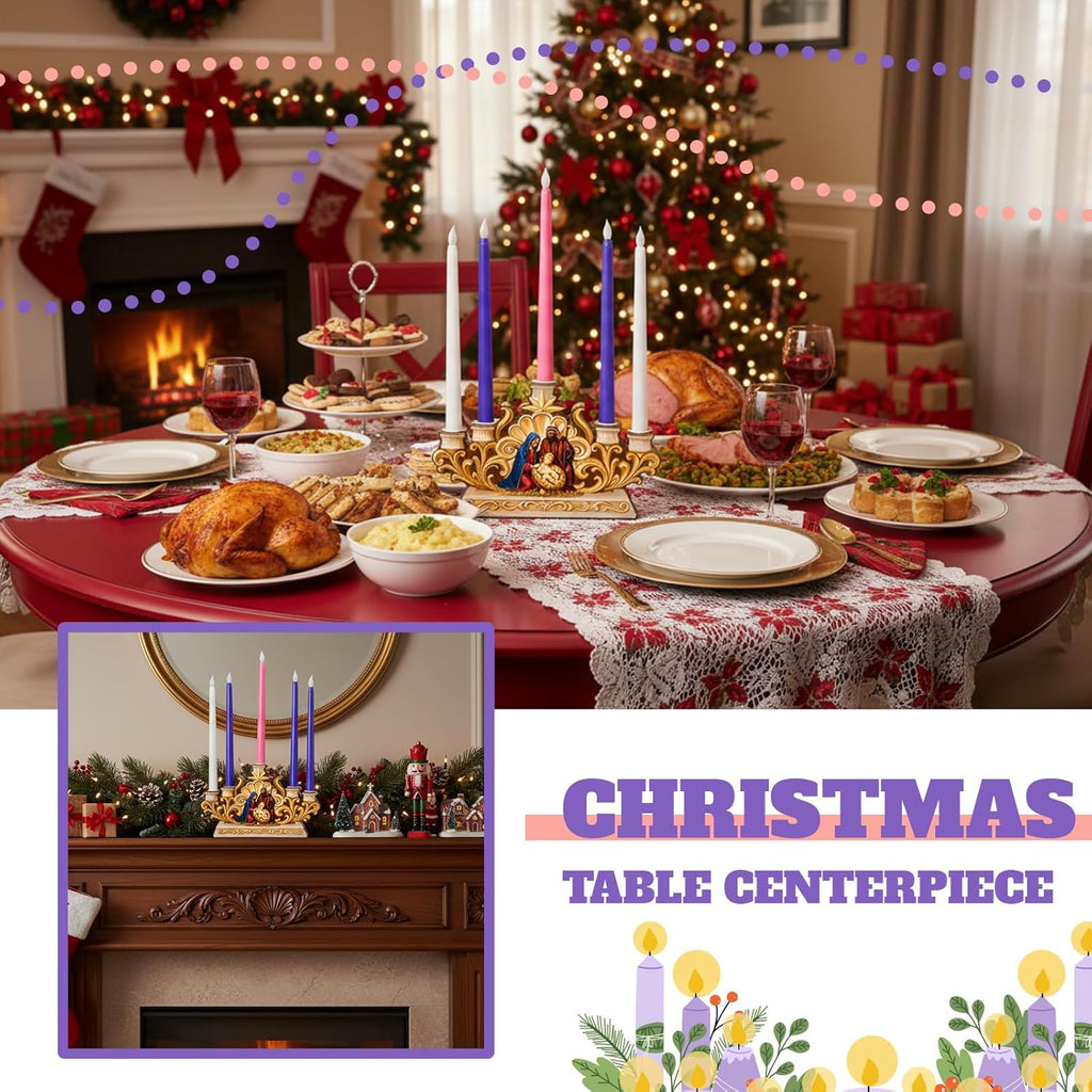 Qinyoung Advent Candle Holder - 5 Pcs Flameless Candles with Nativity Scene | Religious Table Decor