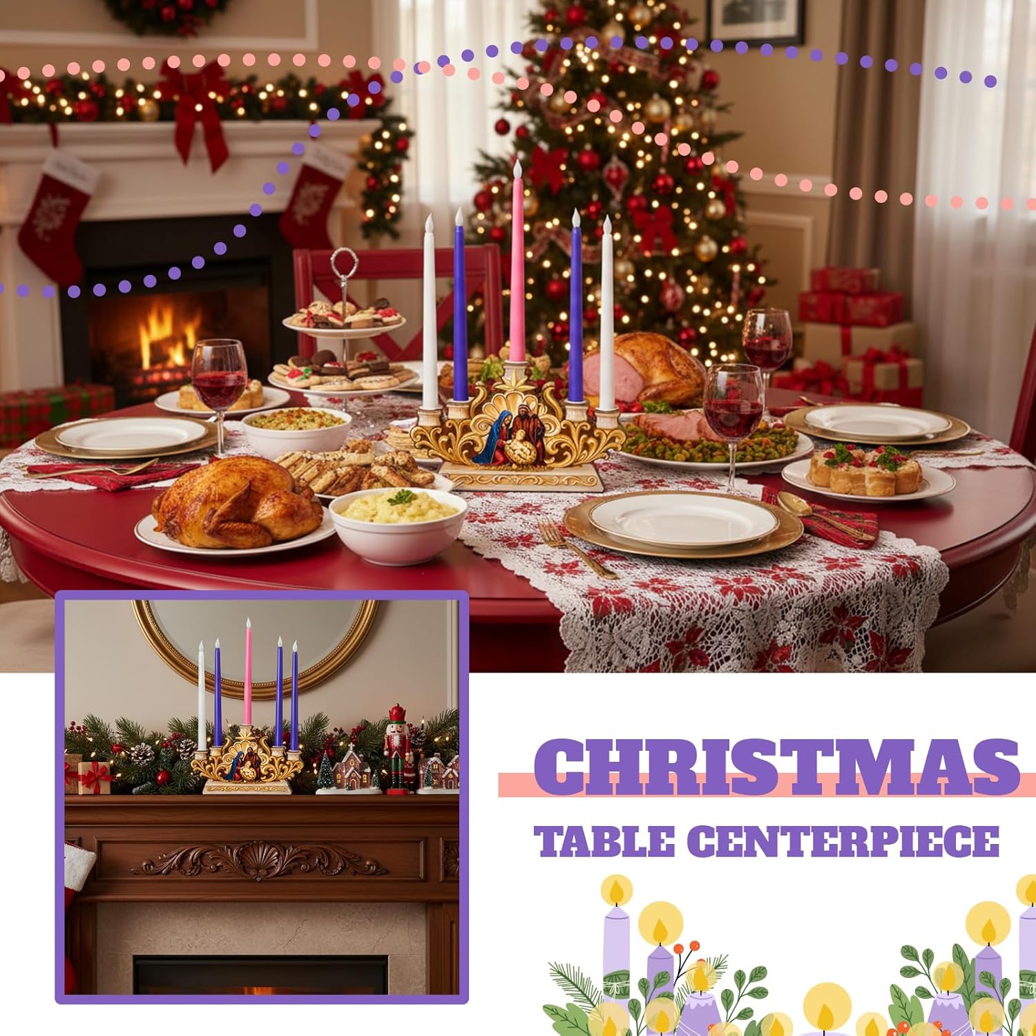 Qinyoung Advent Candle Holder - 5 Pcs Flameless Candles with Nativity Scene | Religious Table Decor