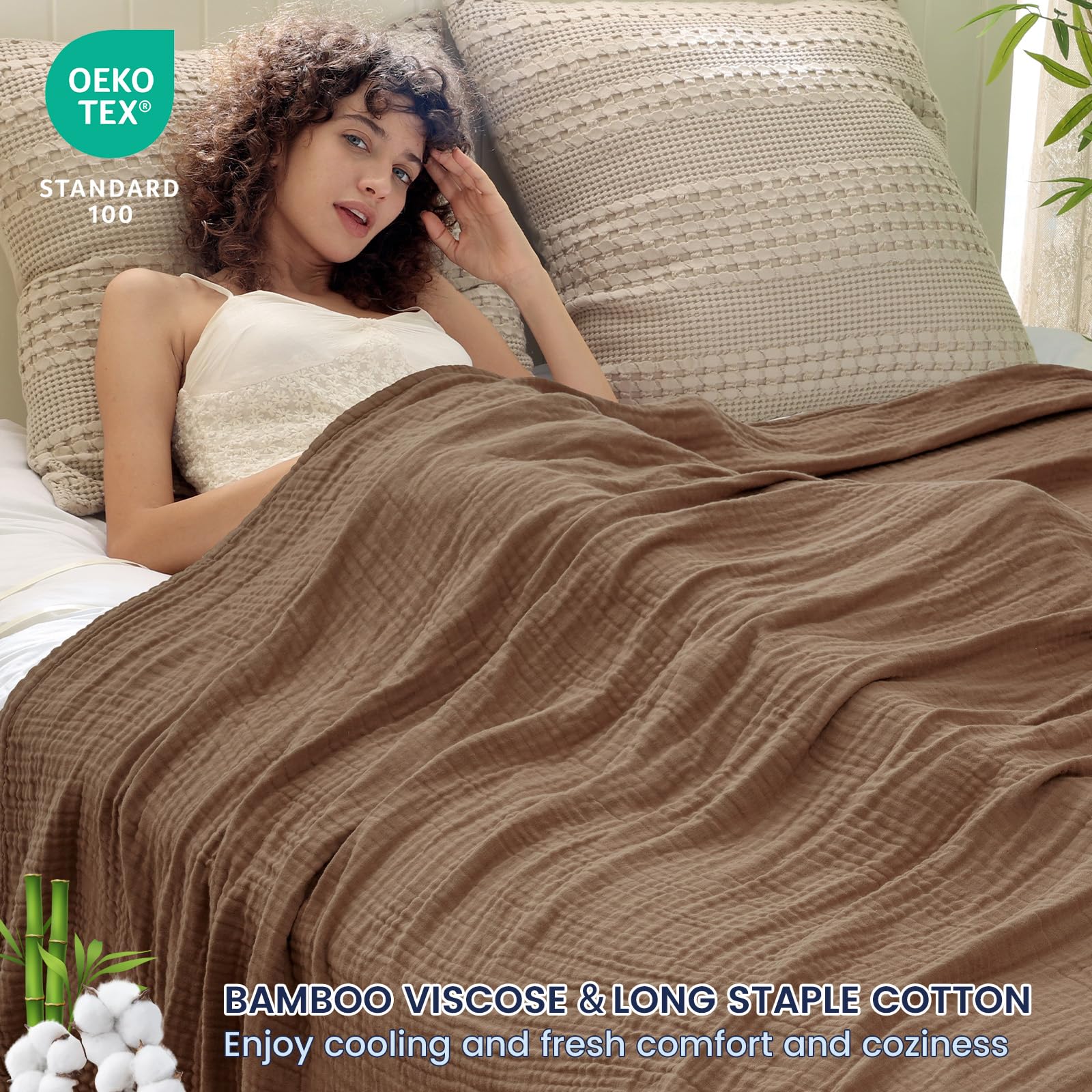 PHF Cooling Muslin Queen Blanket for Hot Sleepers, 60% Rayon Derived from Bamboo, 40% Cotton for Summer, 4-Layer Breathable Gauze Blanket for Bed Couch, 90"x90", Brown
