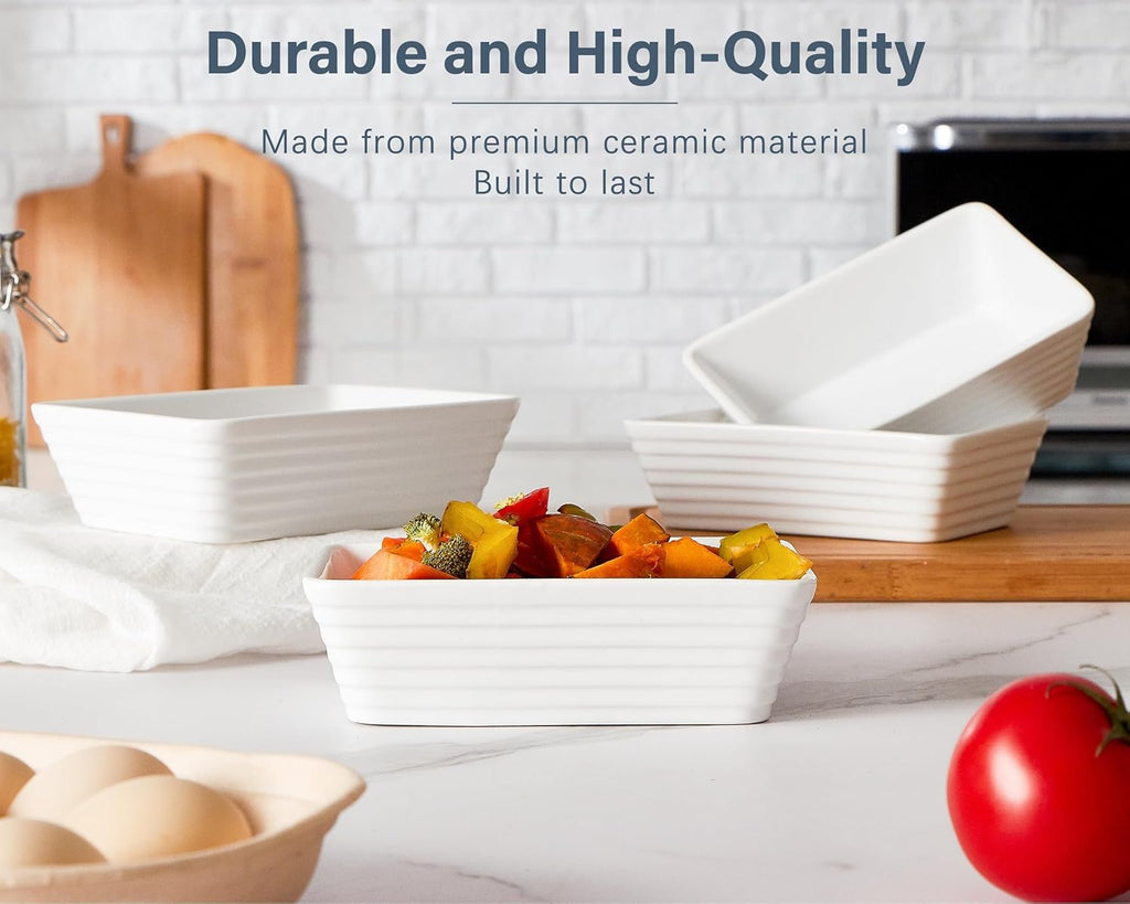 ONEMORE Small Baking Dish Set of 4 - Rectangle Ceramic Casserole Dishes for Oven | 5x7, Oven Safe, White