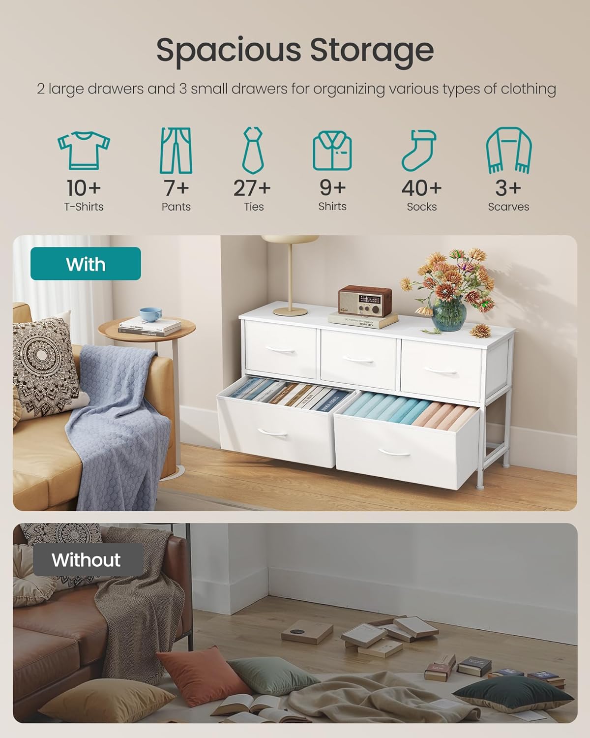 SONGMICS Dresser - 5-Drawer Storage Organizer Unit in Cloud White & Snow White | Stylish Bedroom Chest