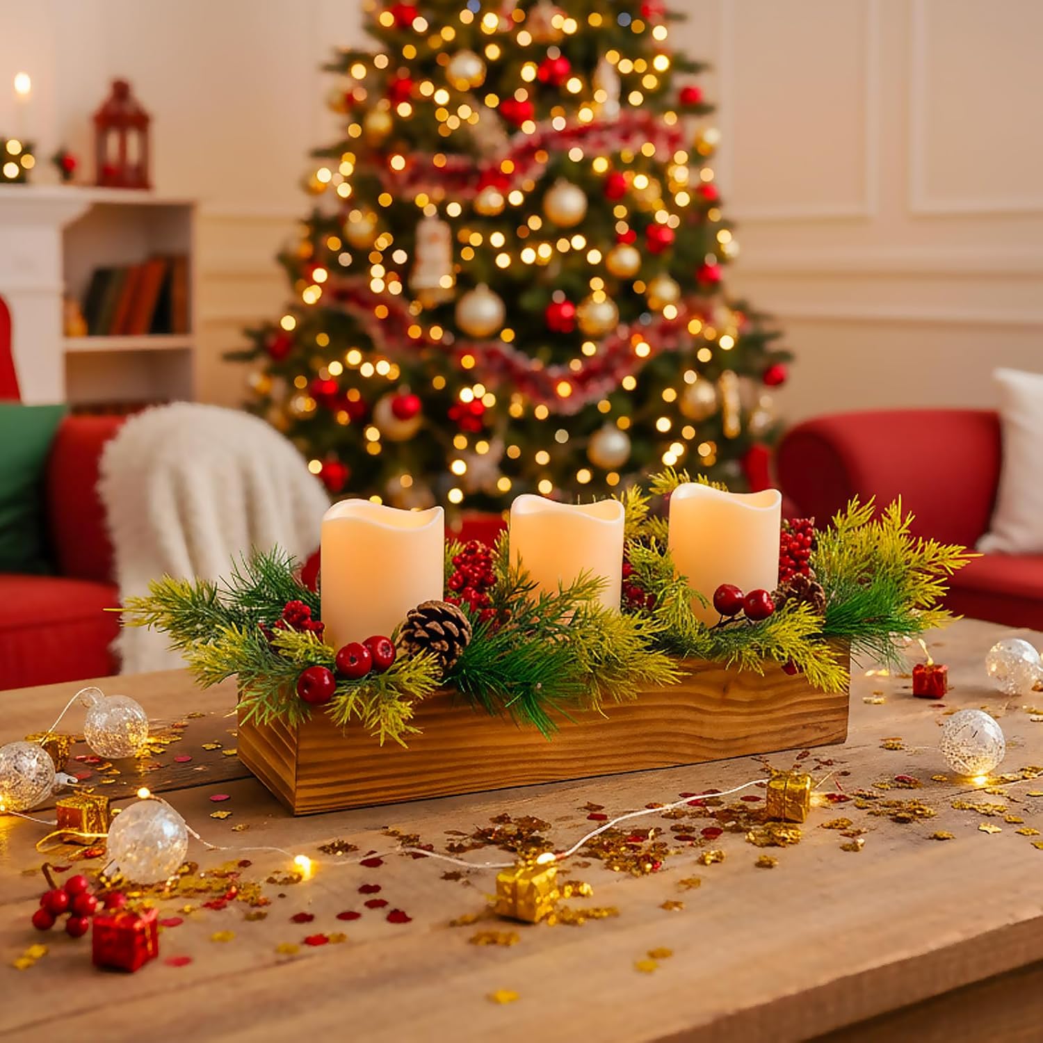 Rustic Wood Candle Holders | Christmas Table Centerpieces with 3 Flameless LED Candles & Pine Cones