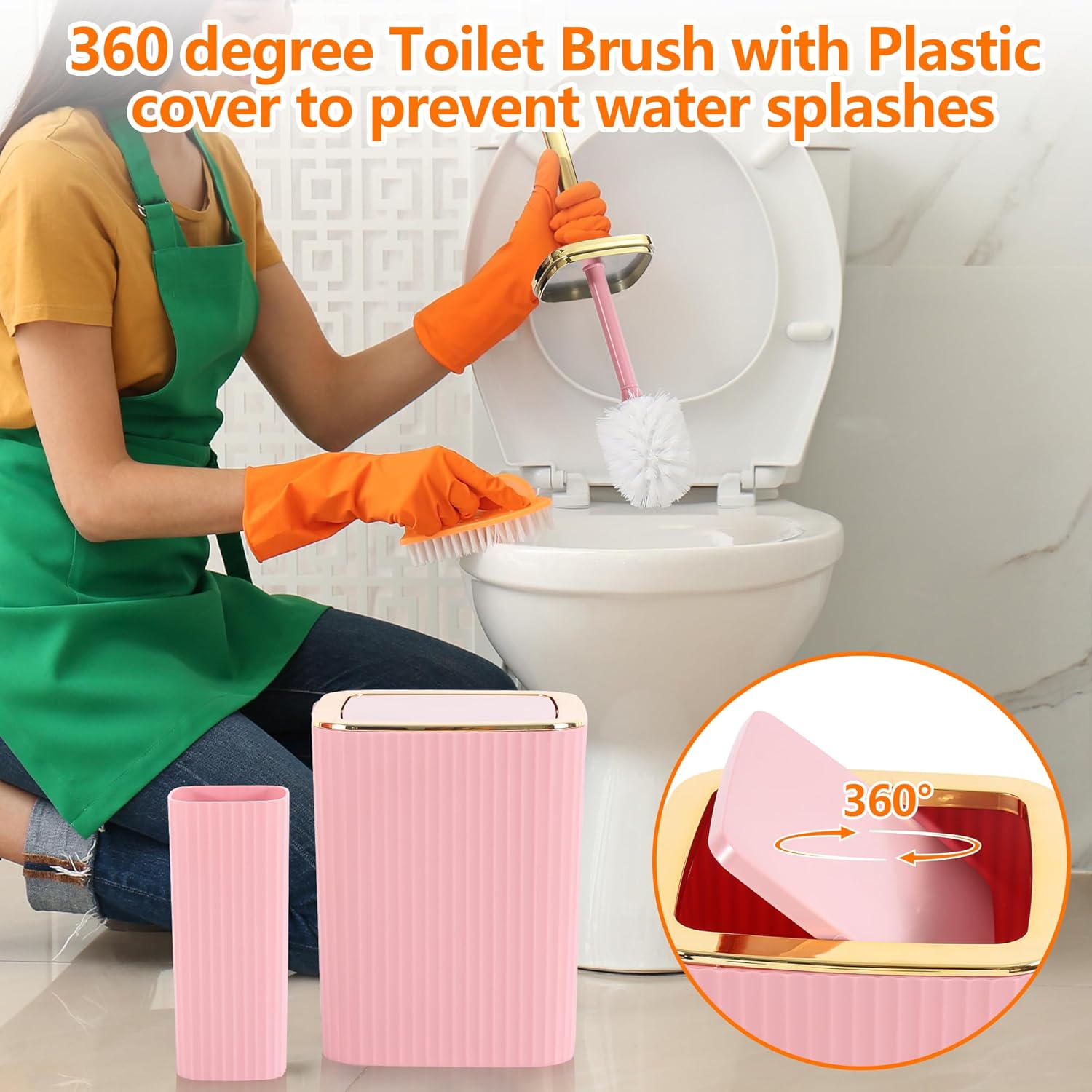 Skiennix 9-Piece Pink Bathroom Accessory Set - Stylish Trash Can, Toothbrush Holder & More