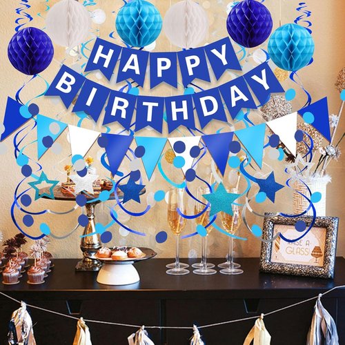 FECEDY Happy Birthday Banner - Navy Blue Paper Flag & Confetti Garland for Party Decor