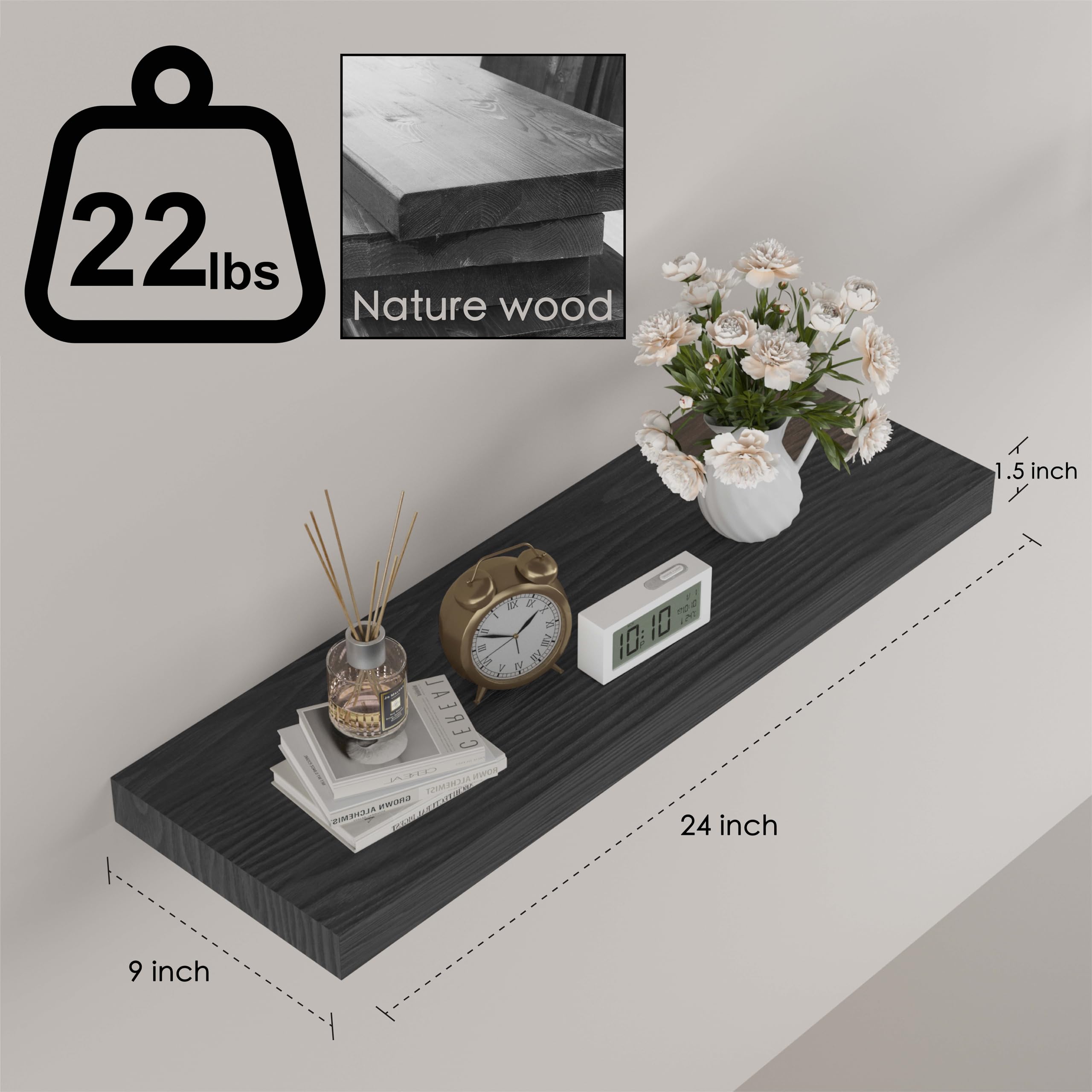 PopiShelves Floating Shelves for Wall - 24 x 9 Inch Wood Shelves for Bathroom, Bedroom, Kitchen Decor, Farmhouse Decor Set of 2, Black, bcow82j23