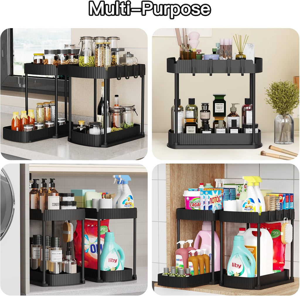 Ukeetap Multi-Purpose Pull-Out Storage Organizers - Under Sink & Cabinet Solutions, Black, 12.8 Inches, 2 Pack