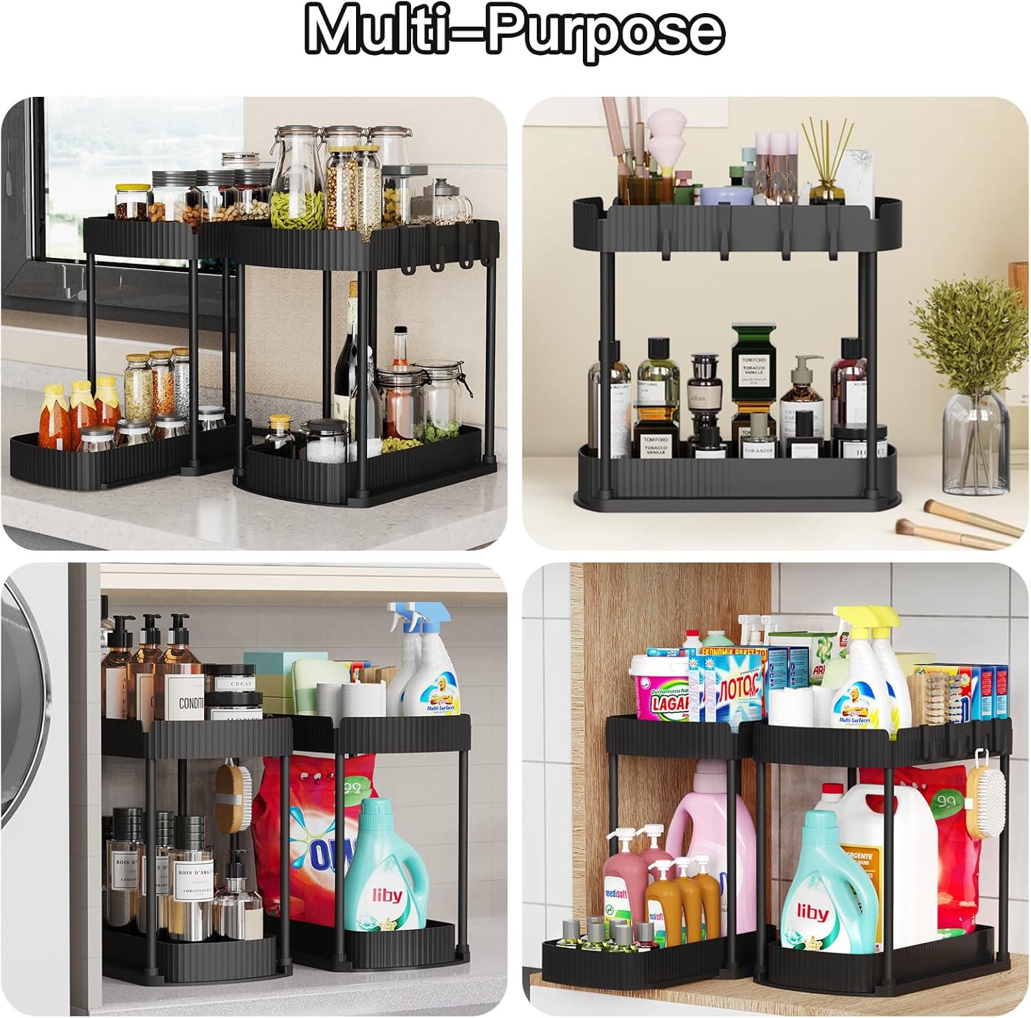 Ukeetap Multi-Purpose Pull-Out Storage Organizers - Under Sink & Cabinet Solutions, Black, 12.8 Inches, 2 Pack