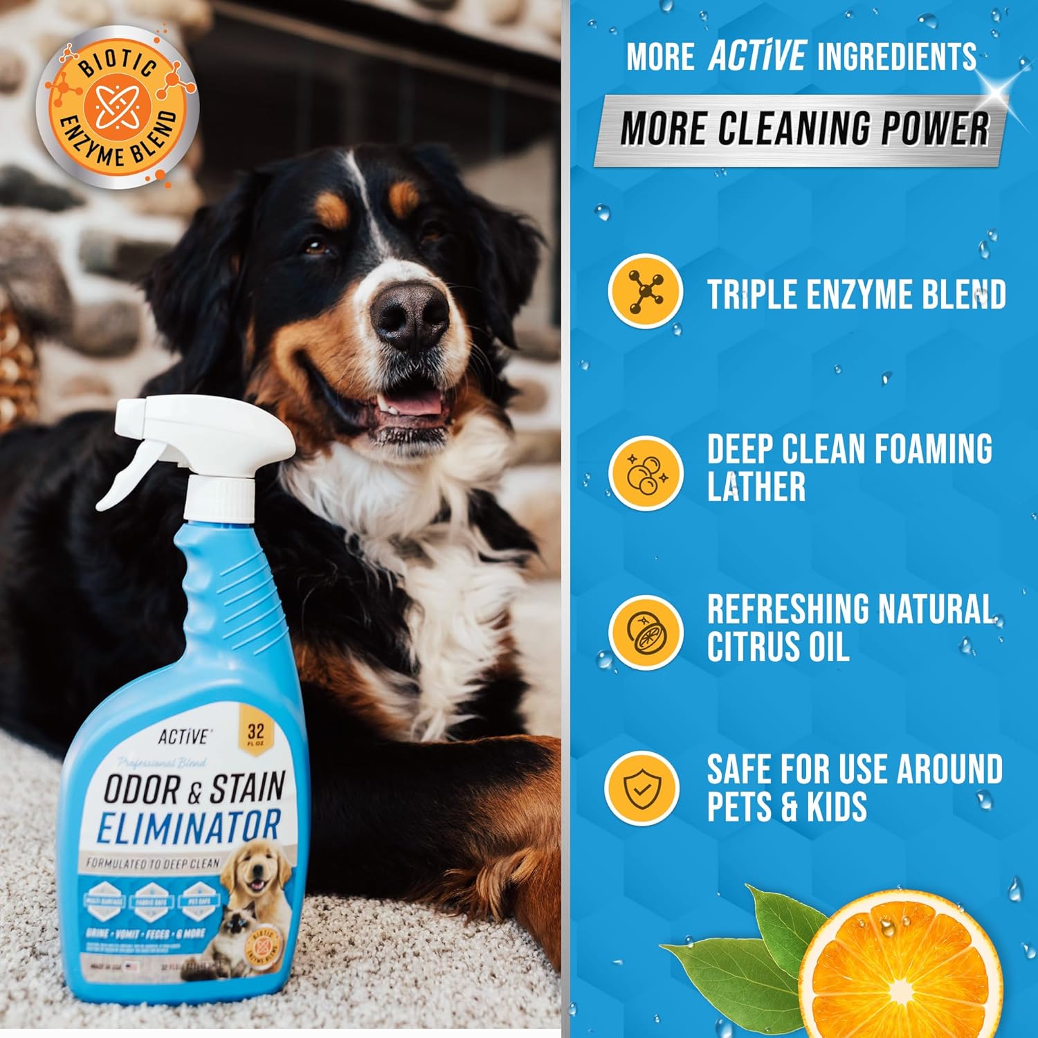 Pet Odor and Stain Eliminator by ACTIVE - 32 oz Enzyme Cleaner for Dog & Cat Urine, Natural Citrus Deodorizer