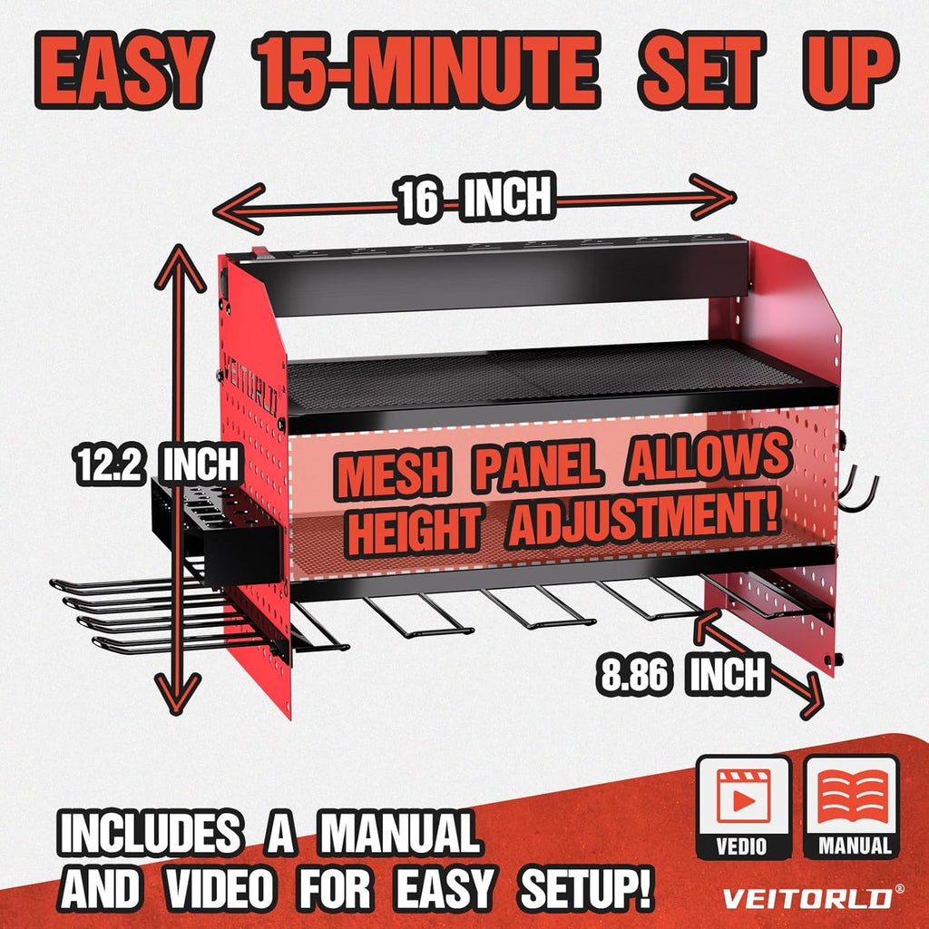 Power Tool Organizer - Heavy Duty Wall Mount Rack with Charging Station | 4 Drill Holders - Red