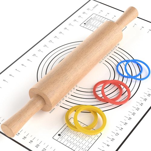 Classic Wooden Rolling Pin - 17" Beechwood with Handle & Pastry Mat | Ideal for Baking Pies, Cookies & More