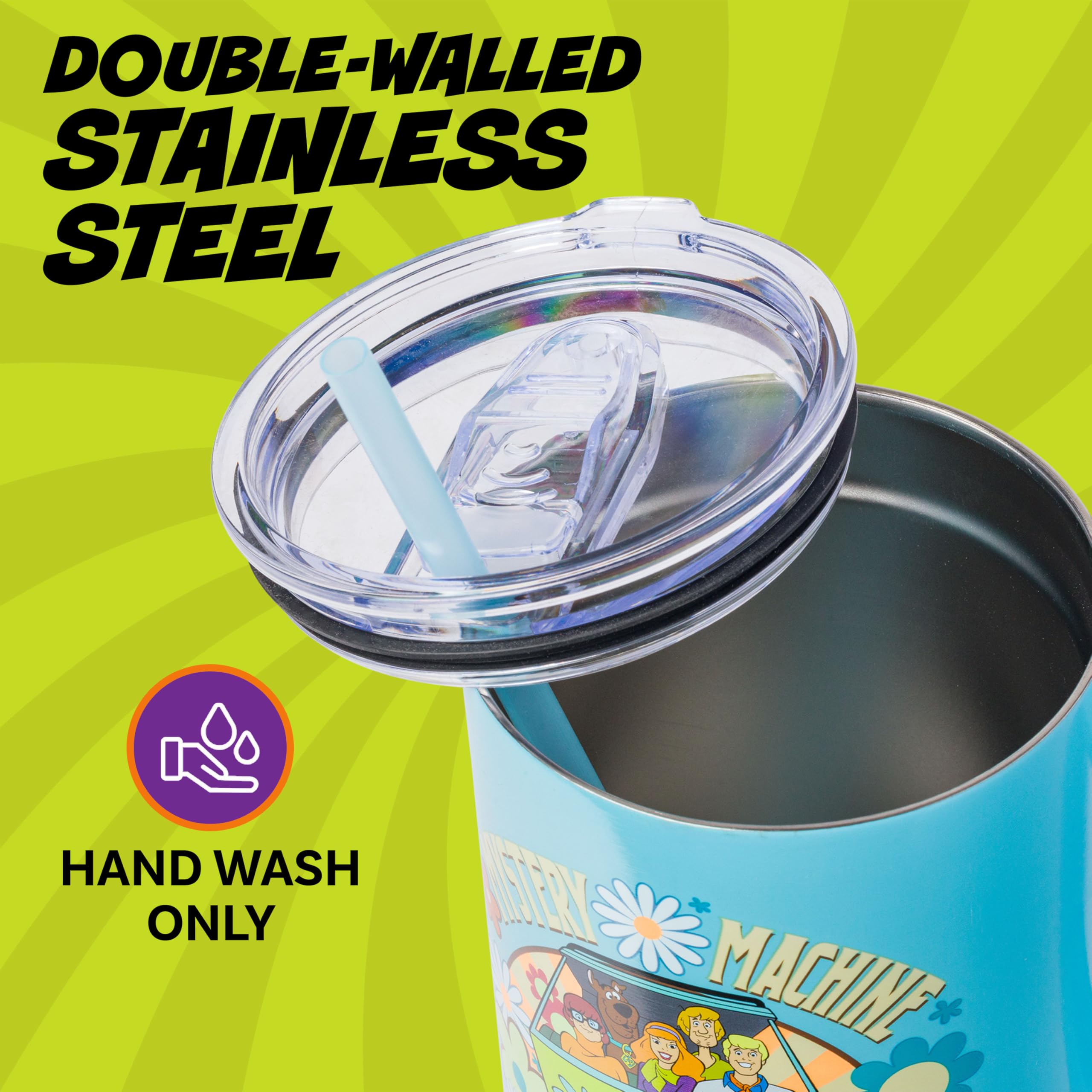 Silver Buffalo Scooby Doo Mystery Machine Featuring Shaggy, Velma, Fred and Daphne Double Walled Stainless Steel Tumbler with Handle and Straw, Fits in Standard Cup Holder, 40 Ounces