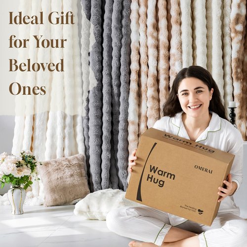 OMERAI Faux Fur Throw Blanket for Couch, Soft Fleece Blanket Twin, Thick and Warm Bubble Fuzzy Throw Blankets for Bed, Cozy Plush Reversible Brown Blanket, Luxury Decorative Blankets, 60x80