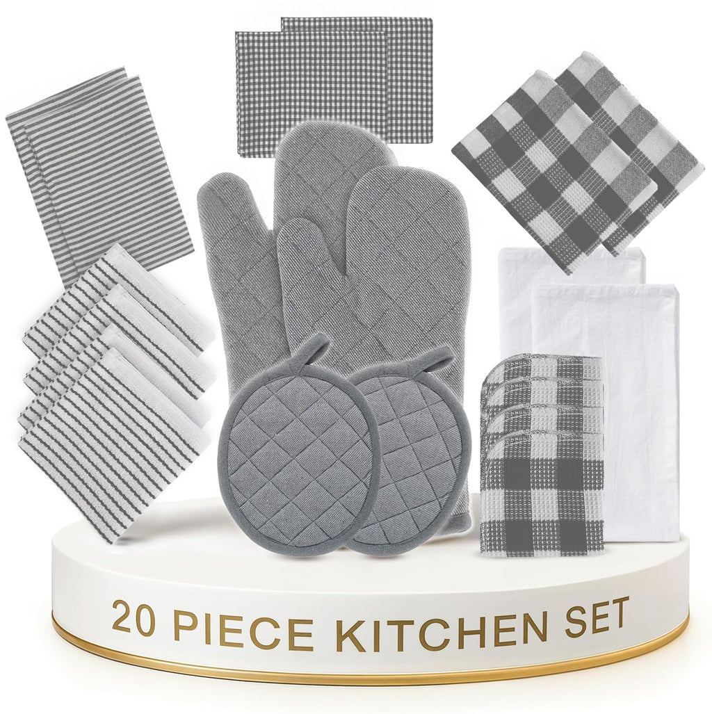 LANE LINEN Kitchen Towels and Dishcloths Sets - 20 Pc Kitchen Essentials for New Home, Heat Resistant Oven Mitts & Pot Holder, Absorbent Flour Sack Dish Towels- Grey
