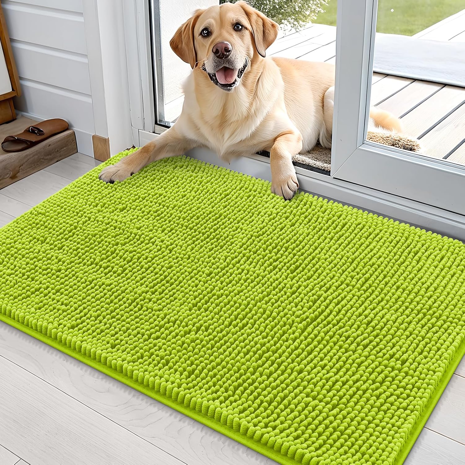 OLANLY Dog Door Mat - Absorbent Non-Slip Chenille for Muddy Paws | 36x24 Inches, Quick Dry, Bright Green