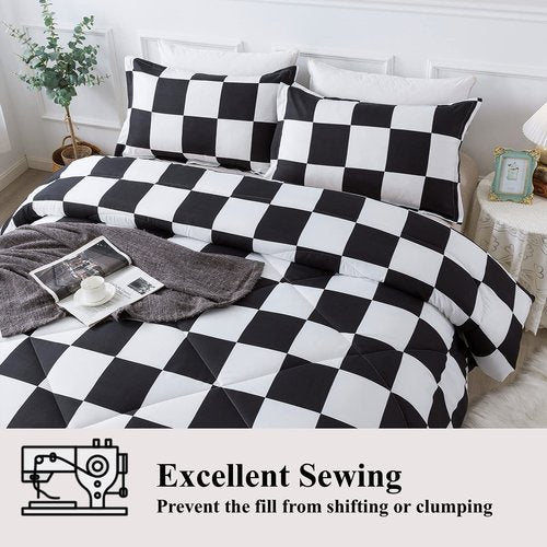 Andency Checkered Comforter Full(79x90Inch), Black White Plaid Gingham Bed Set for Teen Boys Kids, Lightweight Polyester Geometric Preppy Bedding, 3 Pieces