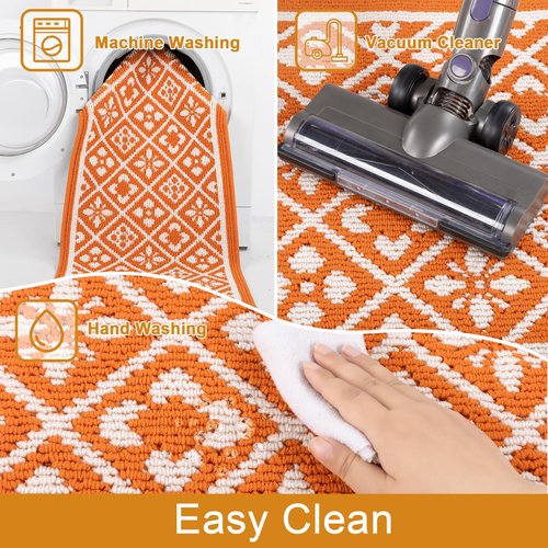 Ileading Fall Kitchen Rugs Set of 3 Piece Fall Kitchen Mats for Floor with Non Slip Backing,Washable Autumn Runner Rug for Sink Laundry Holiday Thanksgiving Decoration(Orange)