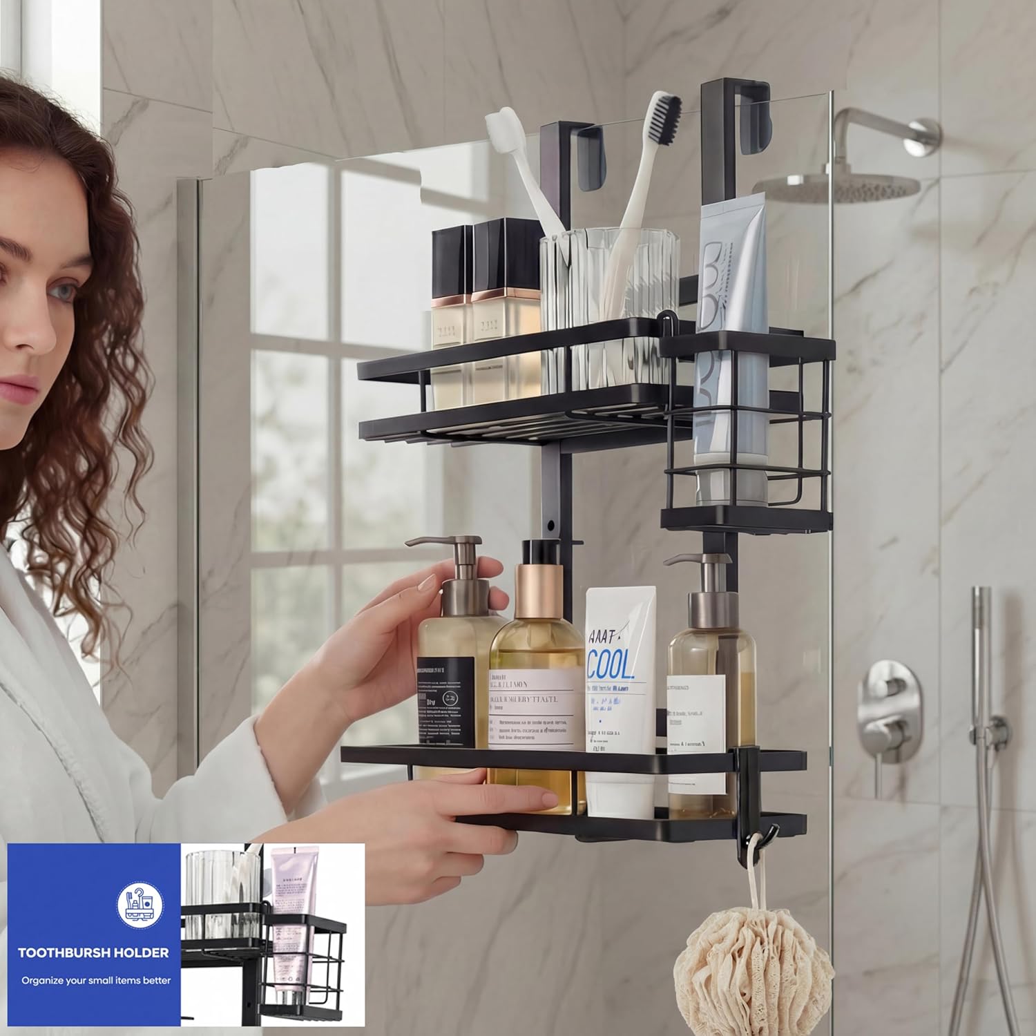 Skiennix Over The Door Shower Caddy - Rustproof 2-Tier Bathroom Organizer with Waterproof Phone Pouch | Black