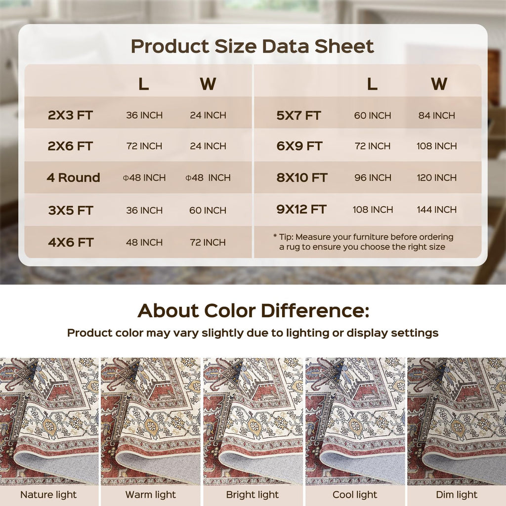 WITSHOCK Living Room Area Rugs 9x12: Washable Rug Boho Soft Non-Slip Low Pile Stain Resistant Foldable Carpet for Bedroom Playroom Dining Room Office Kitchen Farmhouse Home Decor Rug-Rust/Lvory