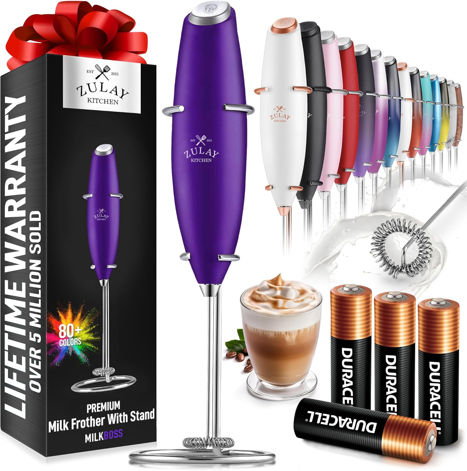Zulay Kitchen Milk Frother Wand - Ultra-Fast Handheld Electric Whisk for Coffee & Lattes - Grape Color