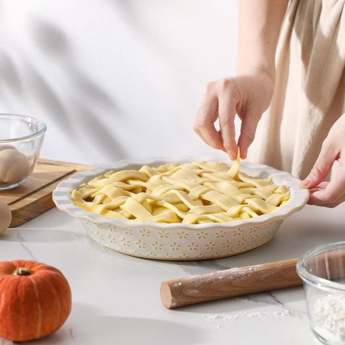 MALACASA Pie Pan - 9 Inch Stoneware Deep Dish for Baking | Embossed Fluted Quiche Dish, 45 OZ