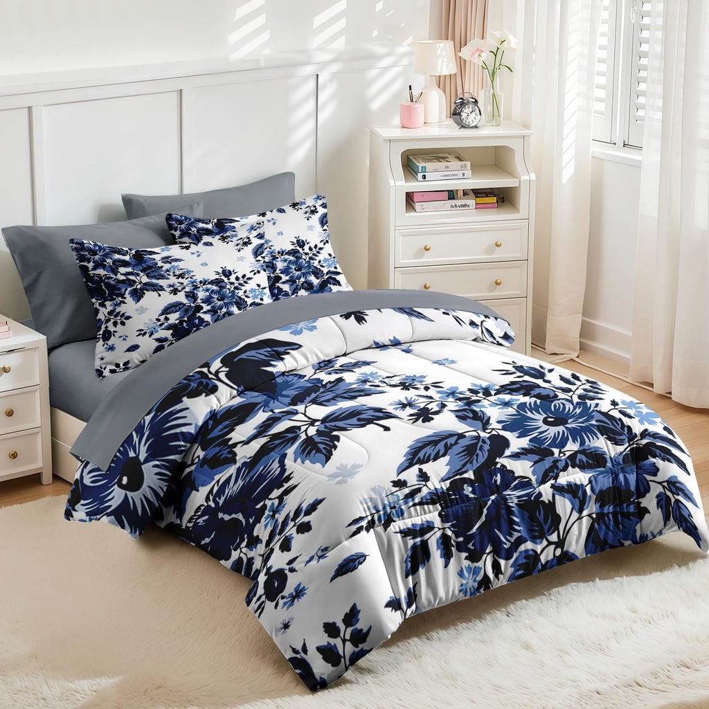 Nesker Comforter Set Queen Size, Spring Floral Navy Blue 7 Pcs Bedding for Kids and Adults, Flower Modern Classic Bed Sheet Sets with Fitted Sheet 2 Pillowcases & 2 Shams