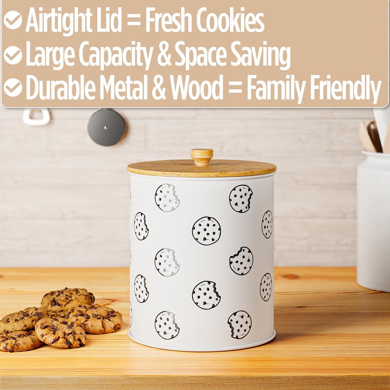 Cookie Jar with Airtight Lid - 1 Gallon - 6.6"D x 8"H White Iron Cookie Tin with Bamboo Lid - Large Cookie Jars with Lids Airtight - Farmhouse Cookie Jars for Kitchen Counter Decorative - Cookies Jar