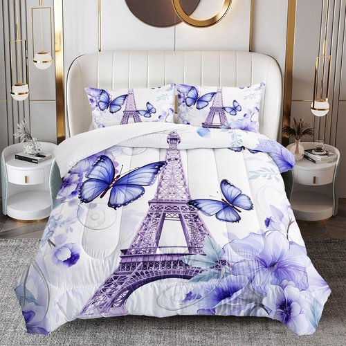 OUIXOTIC Purple Paris Eiffel Tower City Bedding Set for Girls Kids Women Couple Bedroom, Butterfly Quilt Queen Size Comforter for Audlt, 3Pcs Flower Comforter Set with1 Comforter and 2 Pillow Cases