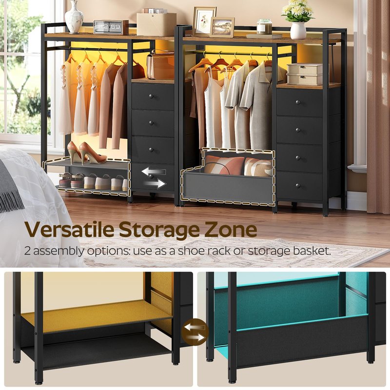 YATINEY Bedroom Dresser with Clothes Rack, 4 Drawer Dresser with Charging Station and LED Light, Chest of Drawers for Bedroom, Closet Organizer with Hanging Rack and 2-Tier Shoe Rack, Rustic Brown