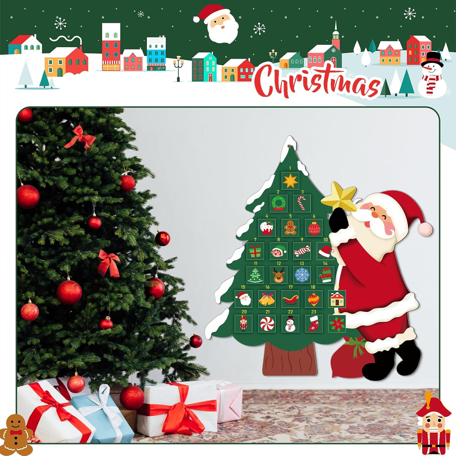 Watersay Christmas Tree Advent Calendar - Reusable Felt Countdown with 24 Pockets for Kids | Holiday Wall Decor