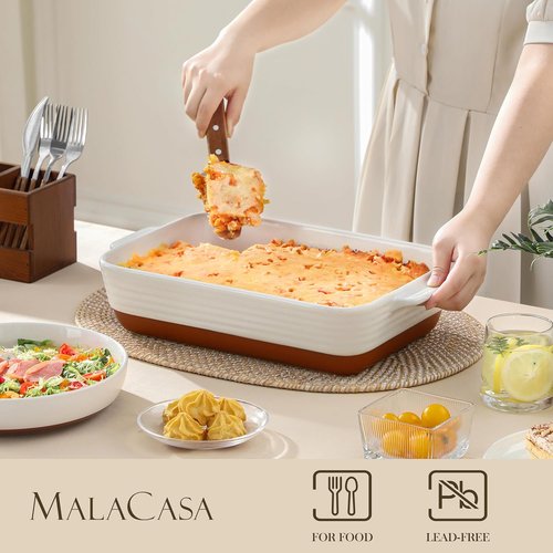 MALACASA 4.8 Qt Ceramic Baking Dish - Deep Roasting Pan with Stainless Steel Rack | 9x13 Inch, Khaki & White