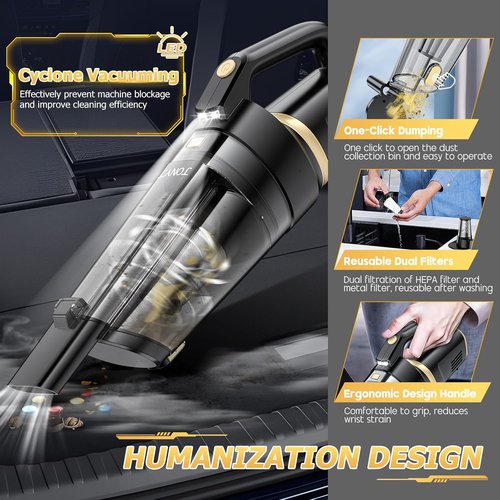 JONYJ Cordless Handheld Vacuum - 16000PA Strong Suction, Portable & Rechargeable with Multi-Nozzles | Ideal for Home, Car & Pets