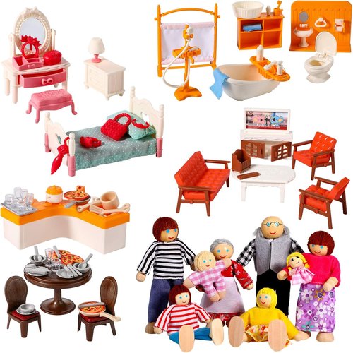 HyDren Wooden Dollhouse Furniture Set - 83 Pcs with 8 Flexible Dolls for 5 Rooms | Perfect Gift for Toddlers