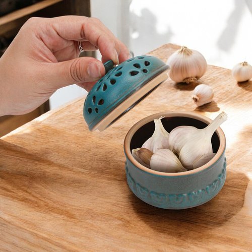 Peacock Blue Garlic Keeper for Counter Small, Ceramic Storage Jar & Garlic Holder for Friends Who Like Cooking, Garlic Container Saver for Kitchen, Keep Your Garlic Cloves Fresh Longer, 3-Inch