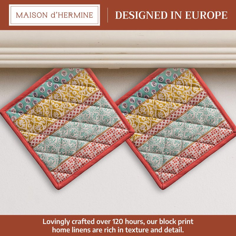Maison d' Hermine Pot Holders 100% Cotton Heat Resistant Potholders 8" x 8" Hot Pads with Loop BBQ Cooking Baking Gifts for Mothers Day Handling Hot Pans Spring/Summer (Pack of 2, Provence)
