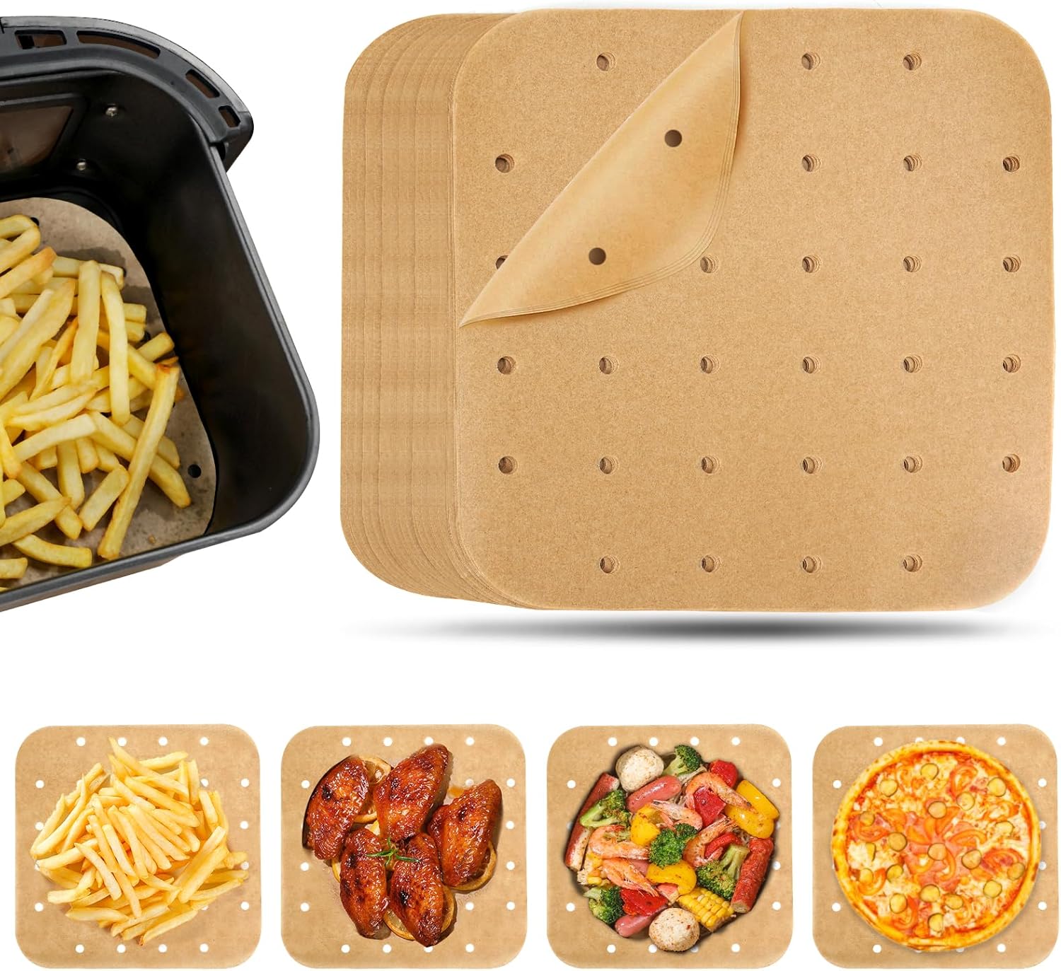 Vailnd Air Fryer Liners - Disposable Unbleached Parchment Paper Sheets | 100 Pcs, 8.5 In Square for 5-8 Qt Air Fryers