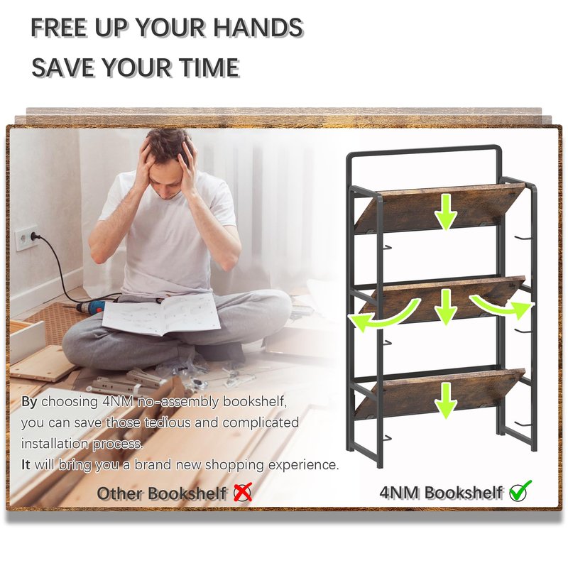 4NM 2 Tiers No-Assembly Folding Bookshelf with Wheels, Portable Rolling Storage Foldable Bookcase & Compact Side Table for Living Room, Bedroom, Kitchen, Bathroom (All White)