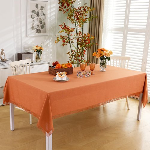 Midsummer Breeze Cotton Square Table Cloth for Fall, Holiday, Harvest, Thanksgiving Tablecloth-Handcraft Fringed Tablecloths (55" x 55",Orange)