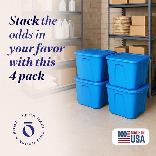 HOMZ 10 Gallon Durable Molded Storage Bins - Stackable Plastic Containers with Lids, Blue | 4-Pack for Home Organization