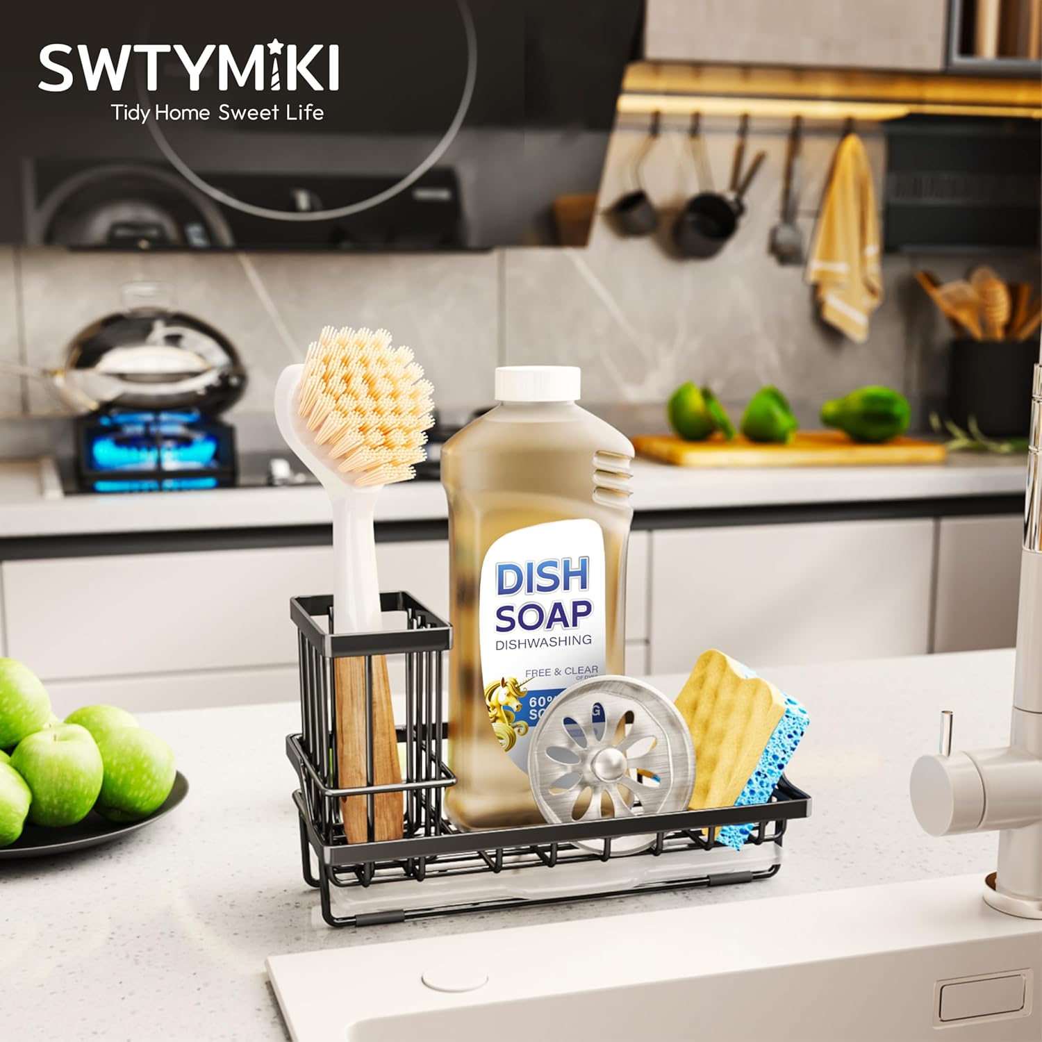 SWTYMIKI Sink Caddy Sponge Holder - Stainless Steel Kitchen Organizer for Dish Soap & Sponges, Black