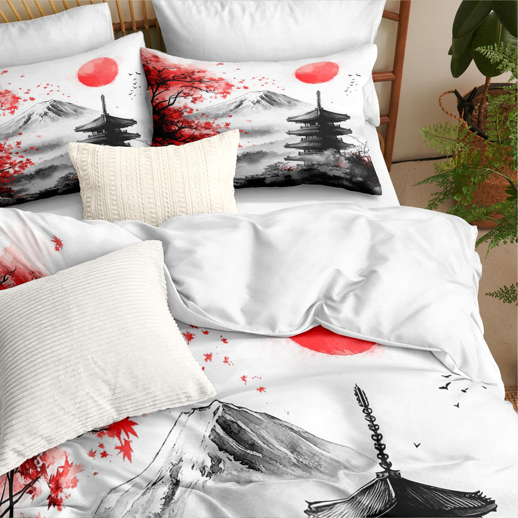 Ccoutuechen Classical Architecture Art Painting Comforter Set Queen, 3pcs Japanese Style Botanical Soft Bedding Set for Women Girl, Lightweight Down Alternative Comforter with 2 Pillowcases(90" X 90")