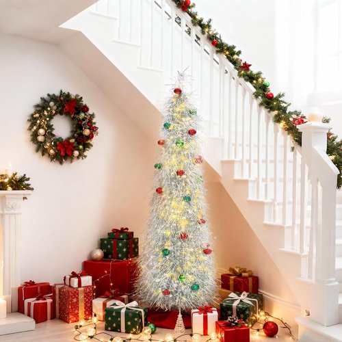 BrilliantJo 6ft Artificial Christmas Tree - Lighted with Ornaments & Collapsible Stand | Silver Tinsel Decor
