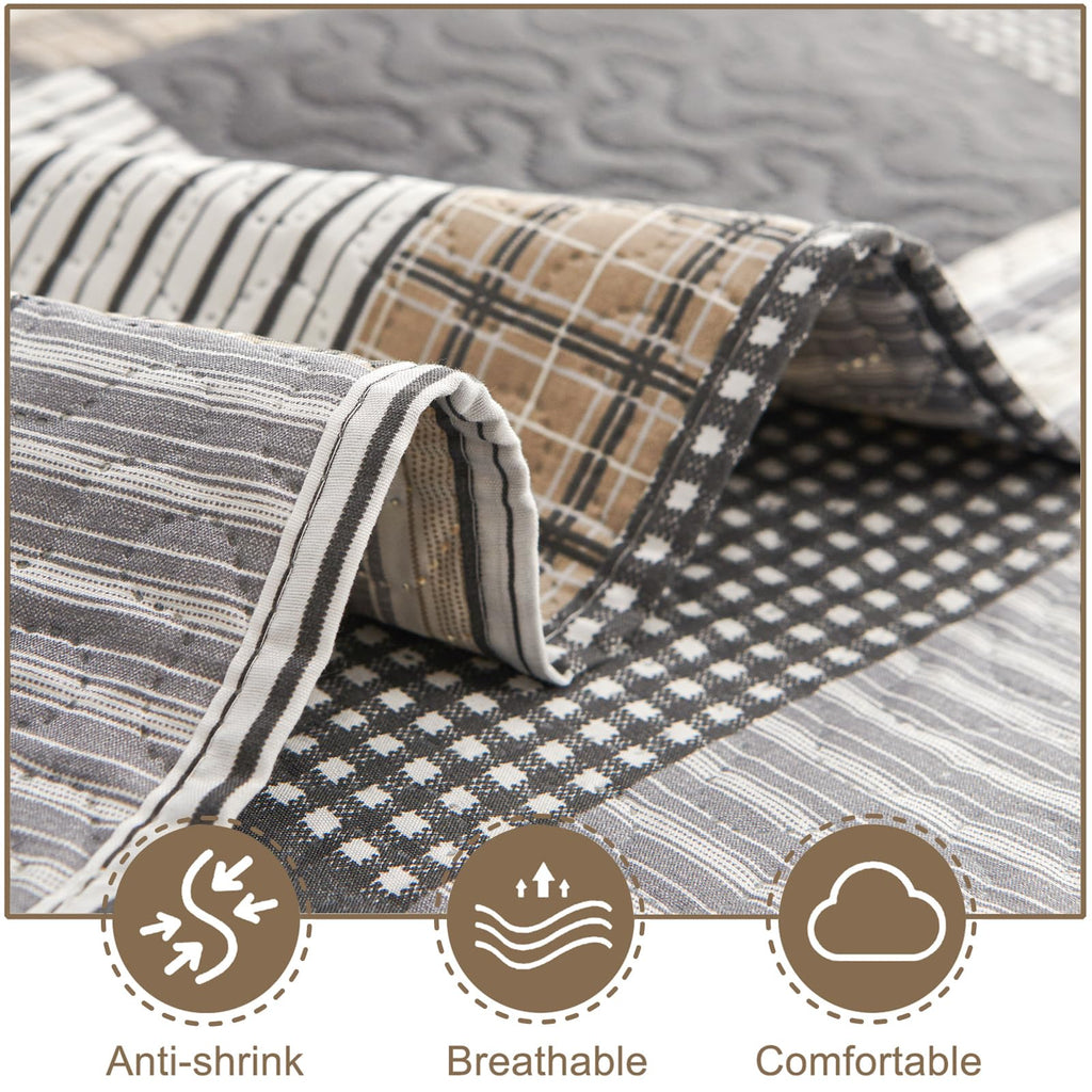 Brown Black Plaid Bedding Sets, 3 Pcs King Size Quilt Bedspread Checked Patchwork Print Coverlets Bedcover Reversible Bed Cover Country Bedroom Decor(96"x 108")