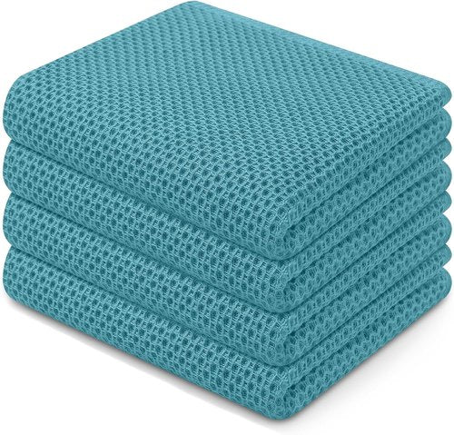 Homaxy Kitchen Dish Towels - Ultra Soft 100% Cotton Waffle Weave, Quick Drying, 13 x 28 Inches, 4-Pack | Lake Blue