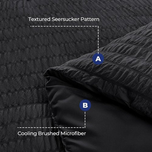 HYMOKEGE Ultra Soft Black Duvet Cover Set - 3-Piece Queen Size Seersucker Bedding with Zipper Closure & 8 Corner Ties (90"x90")