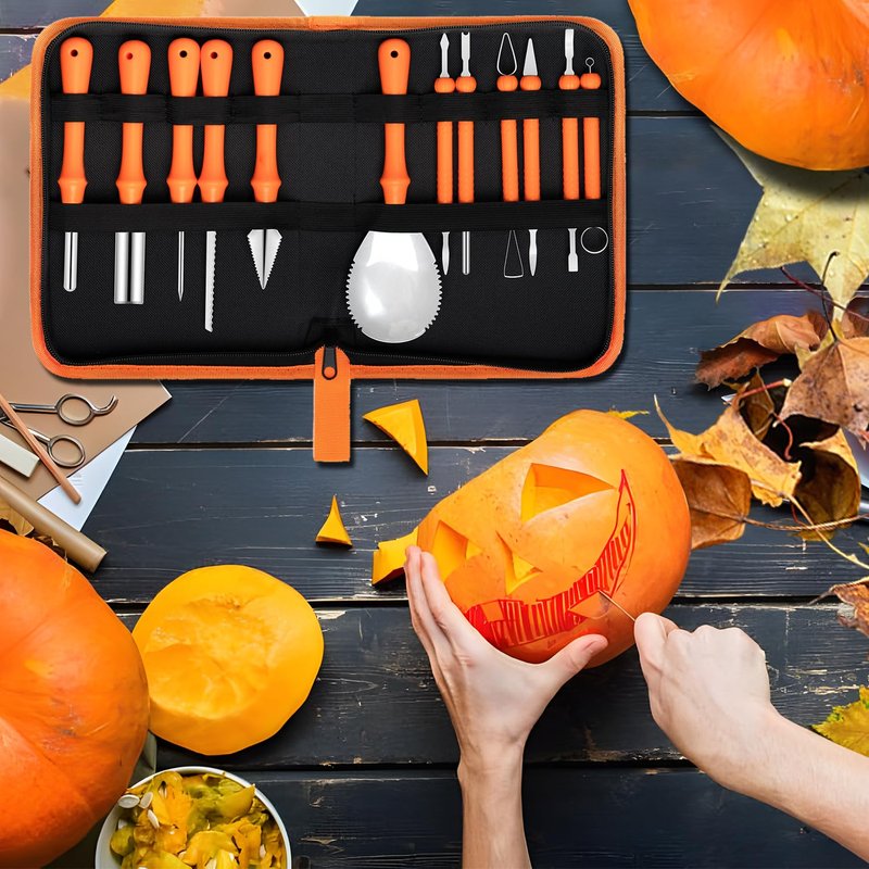 12PCS Halloween Pumpkin Carving Kit with 12 Stencils,Professional Stainless Steel Pumpkin Carving Tools with Storage Hand Bag,Pumpkin Carving Set for Halloween Decorations,Both Adluts & Kids