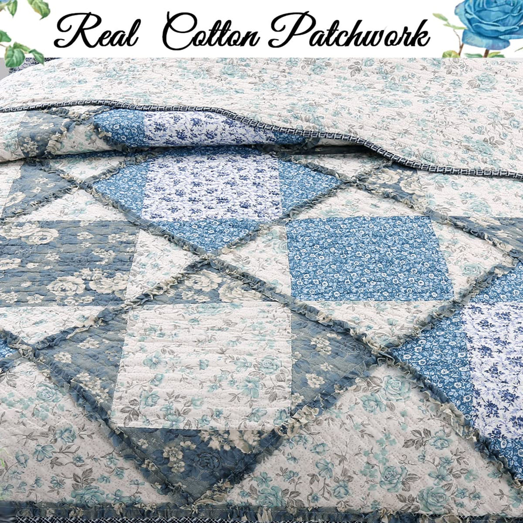 Floral Rose Garden 3-Piece Blue Vintage Cottage Patchwork Cotton Queen Reversible Quilt Bedding Set by Cozy Line Home Fashions