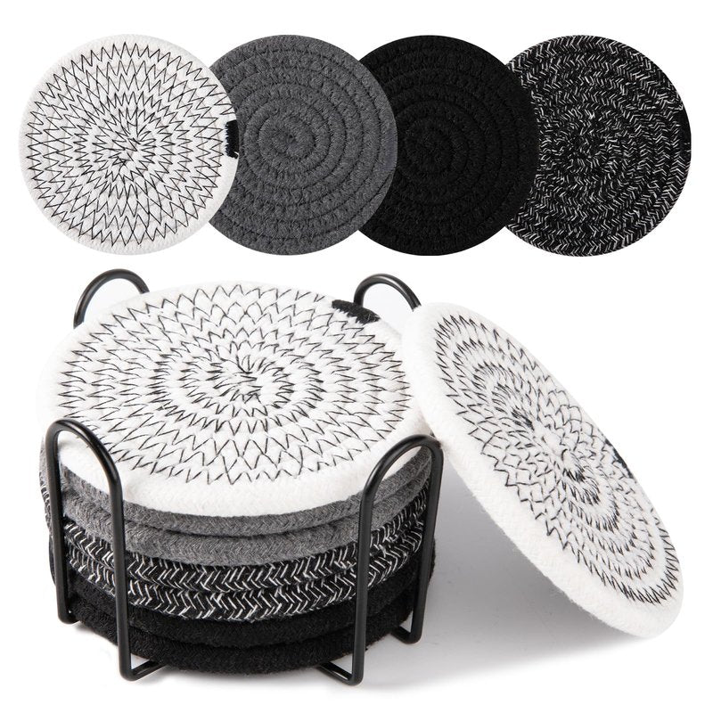 OIAHOMY 8 Pcs Coasters with Holder for Beer, Coffee, Woven Cotton Coaster Set for Table Decor for Kitchen, Bar, Dining Room, Living Room, Housewarming Gifts - Black