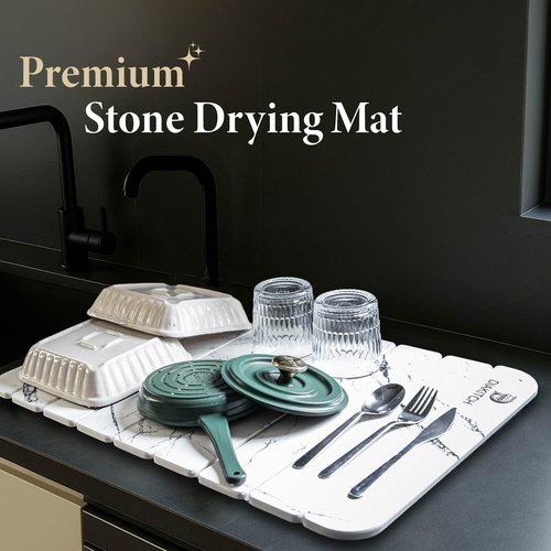 DIAKITCH Stone Drying Mat for Kitchen Counter – Super Absorbent Stone Dish Drying Mat, Foldable & Quick Dry, Diatomaceous Earth Mat for Dish & Bottle, Ideal for Kitchen - 23.6" x 15.4", White
