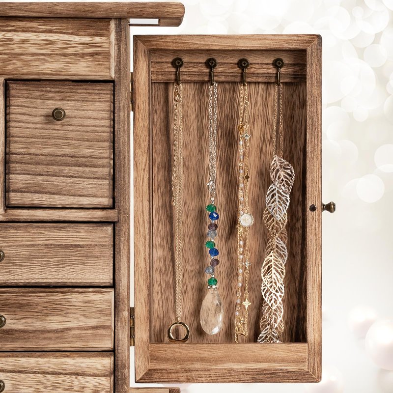Yoimori Jewelry Box for Women, Rustic Wooden Jewelry Boxes & Organizers with Mirror & Drawers,6 Layer Jewelry Organizer Box for Rings Earrings Necklaces Bracelets (Carbonized Black)
