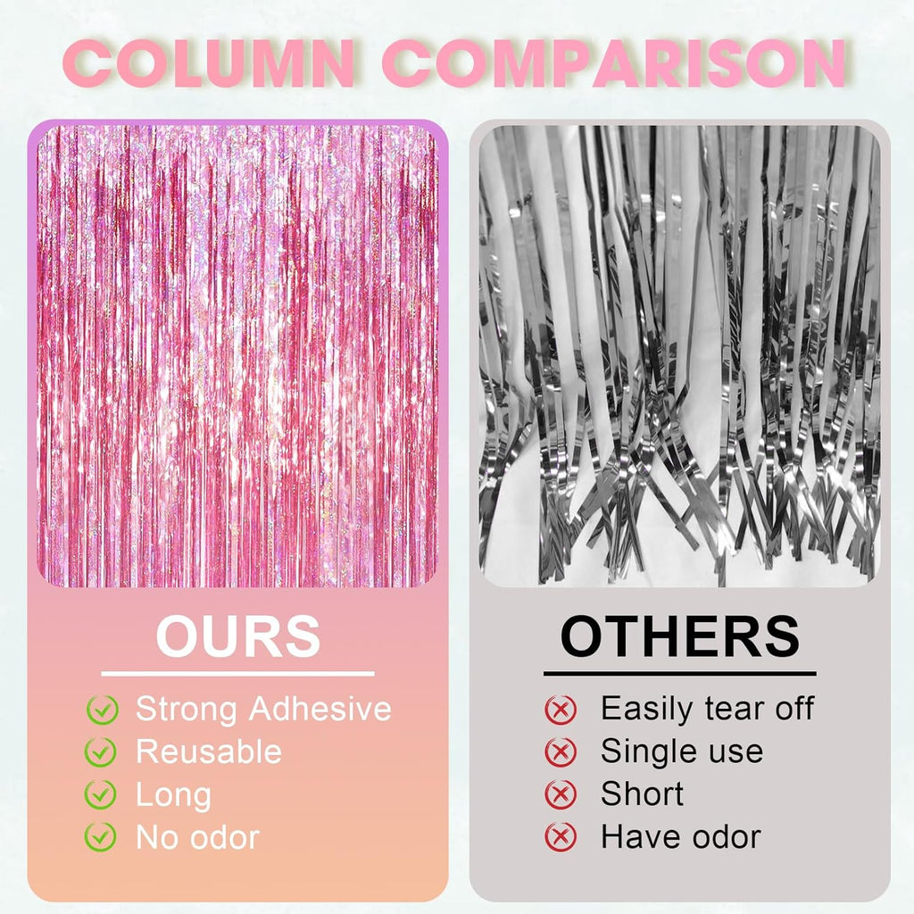 Voircoloria 2 Pack Laser Pink Tinsel Foil Fringe Curtains - Metallic Party Streamers Backdrop for Celebrations